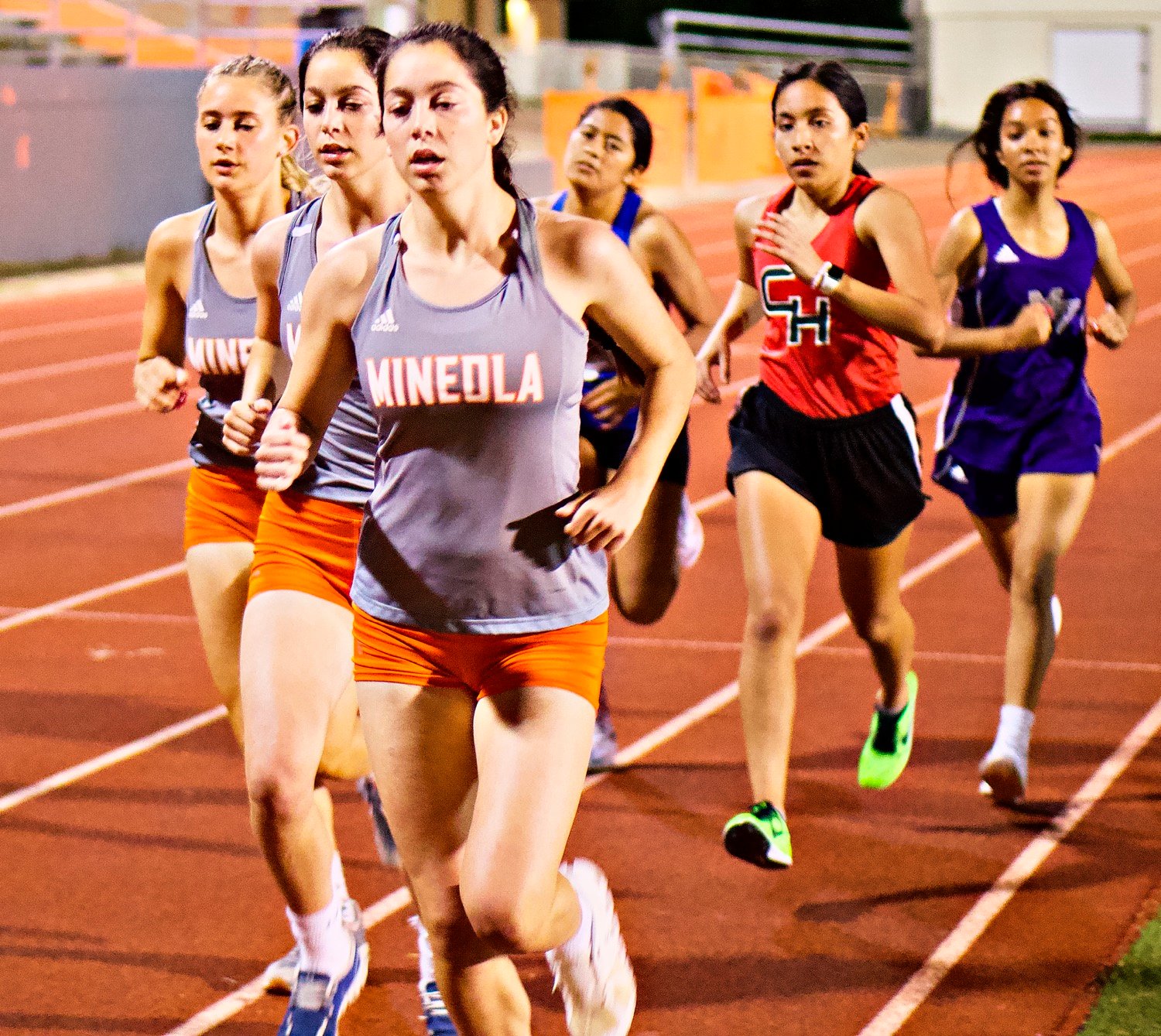 Left to right, Hannah Zock, Keilee Riley and Kapri Riley of Mineola finished 4th, 2nd and 3rd respectively in the 1600 meter race. [run, don't walk, for more shots]